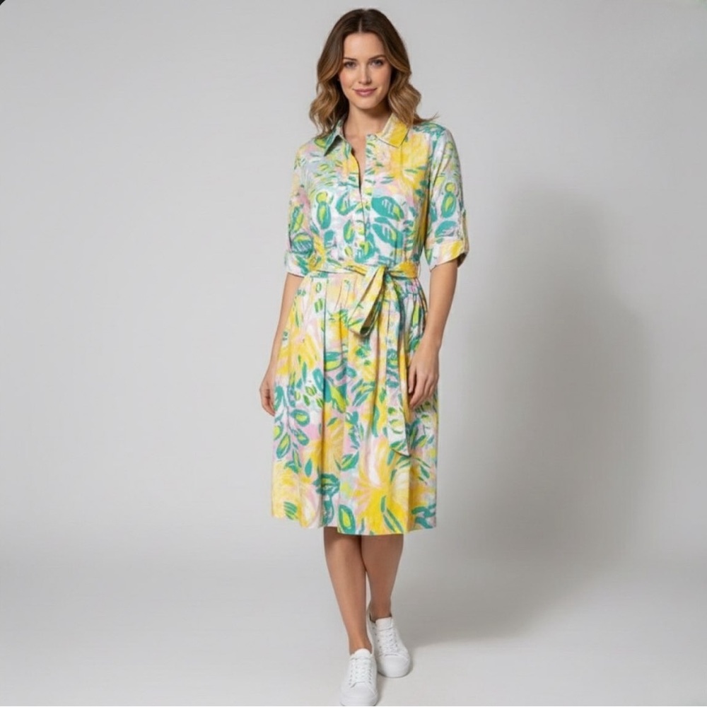 Lilly Pulitzer Pastel Yellow Pink Green Floral Tie-Waist Midi Shirt Dress